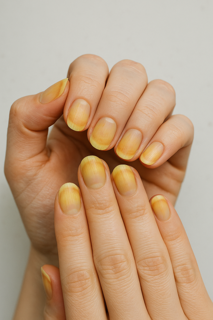 A close-up of hands showing yellow-stained nails after removing dark nail polish.