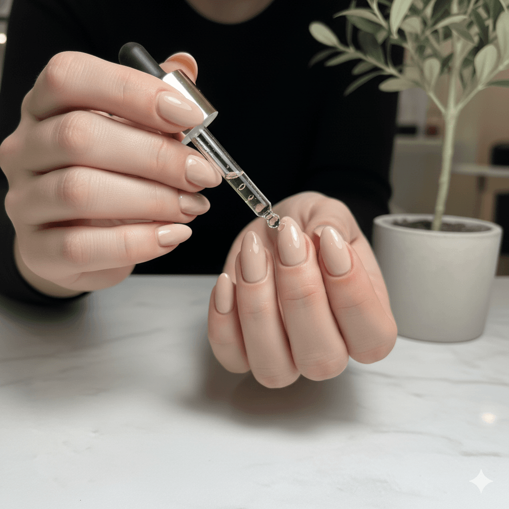 “Nail technician applying cuticle oil to improve nail health and promote strong, healthy nails.”