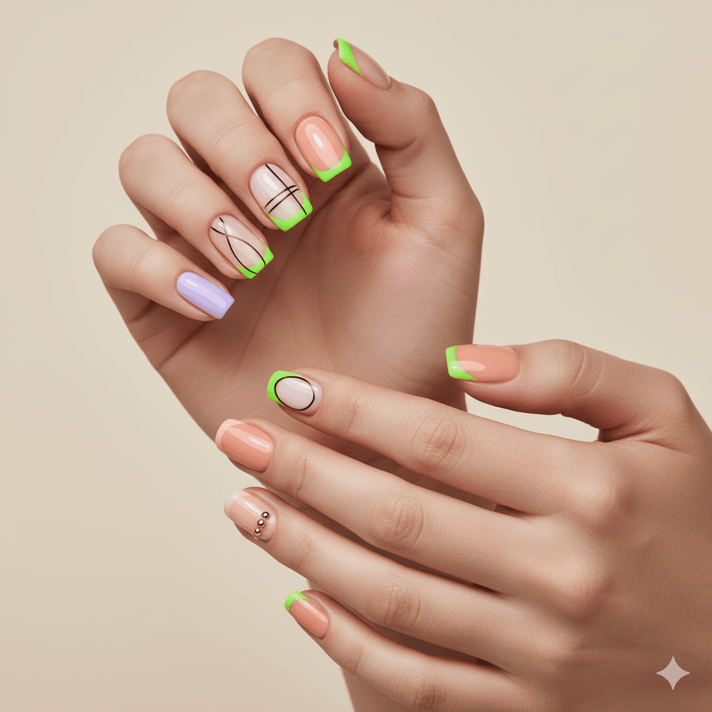 “Close-up of nails featuring trending 2025 styles with geometric patterns, glitter accents, and ombré gradients.”