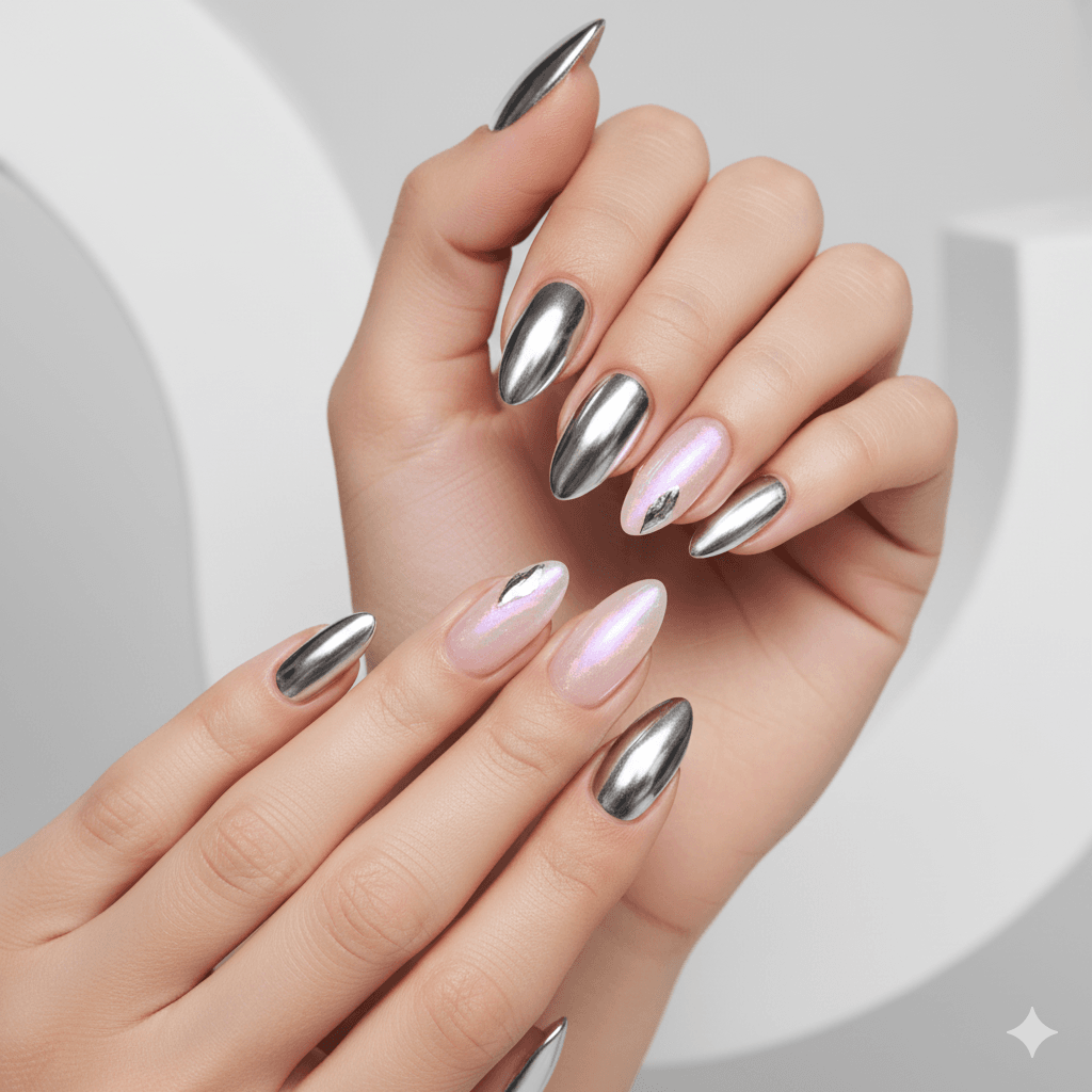 “Close-up of iconic celebrity nail trends featuring classic red, nude glam, and metallic finishes.”