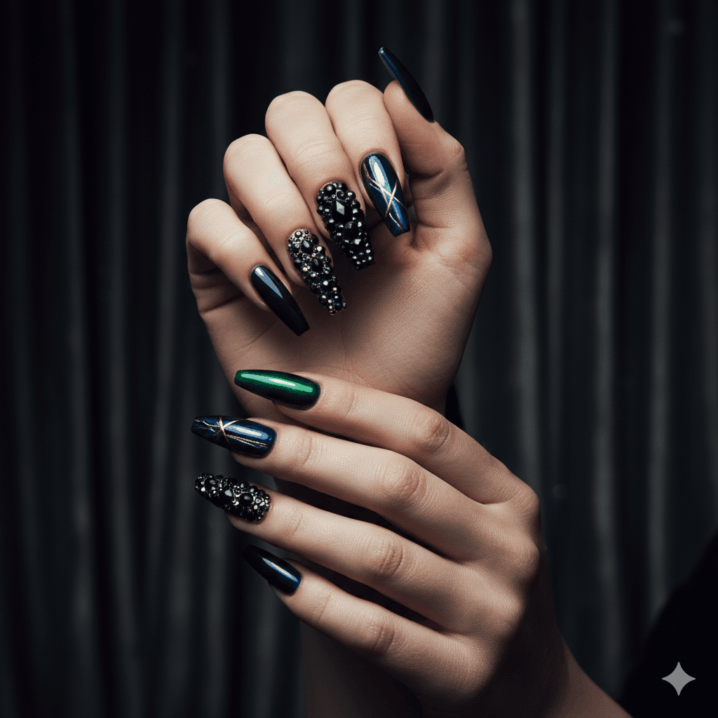 “Celebrity-inspired nail designs with glossy finish in a red-carpet style editorial beauty setting.”