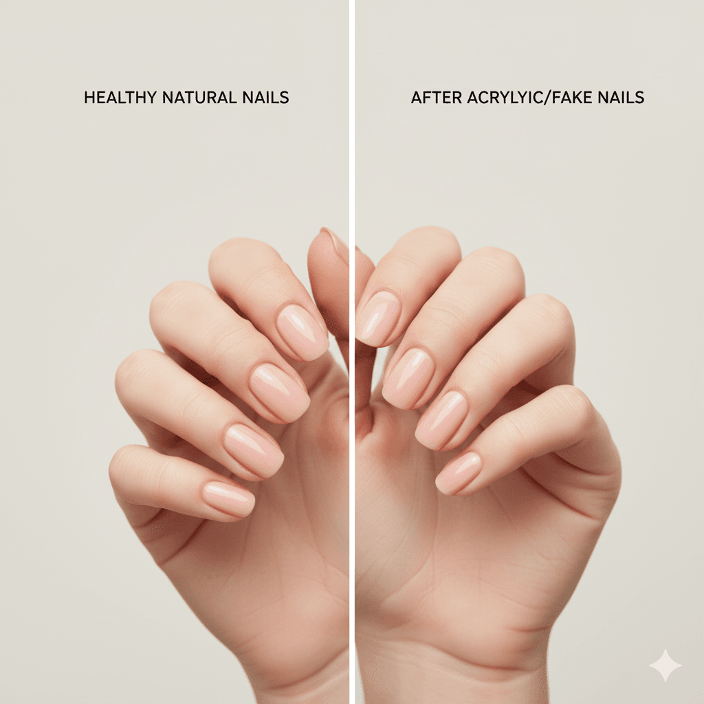 “Comparison of healthy natural nails and yellowed nails after wearing acrylic or fake nails.”