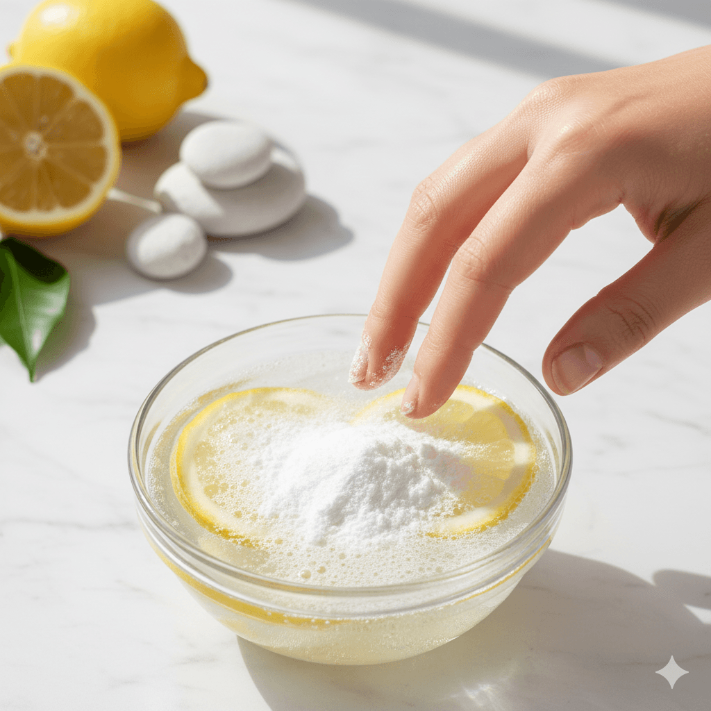 “Home remedies for yellow nails using lemon and baking soda to naturally remove nail stains.”