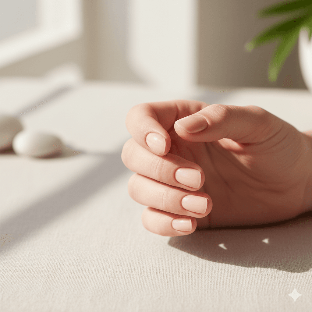 “Clean natural nails resting without polish to demonstrate the importance of giving nails ‘breathing time’.”