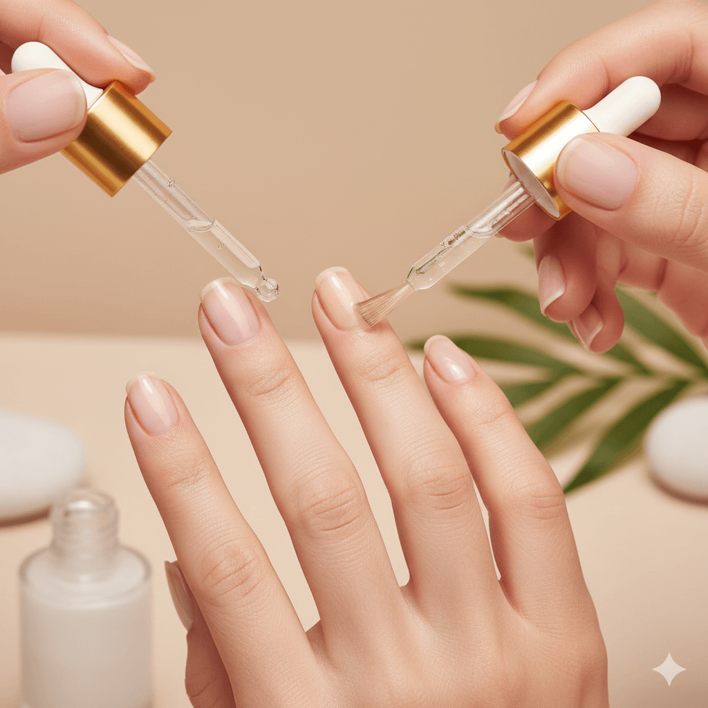 “Mildly yellowed nails being treated with nail care products showing that yellowing from polish can be reversed.”