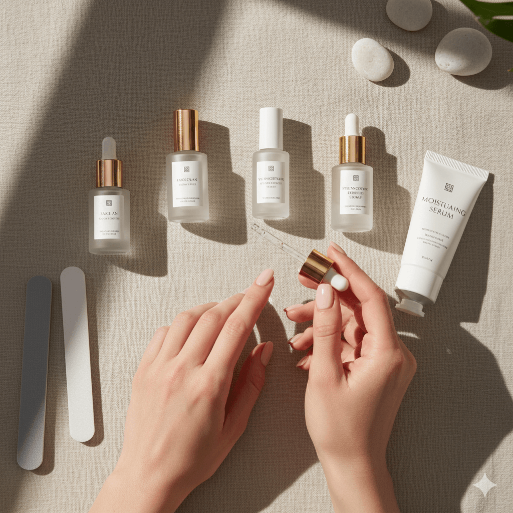 “Essential nail care basics including base coat, cuticle oil, nail file, buffer, and hand cream for healthy nails.”