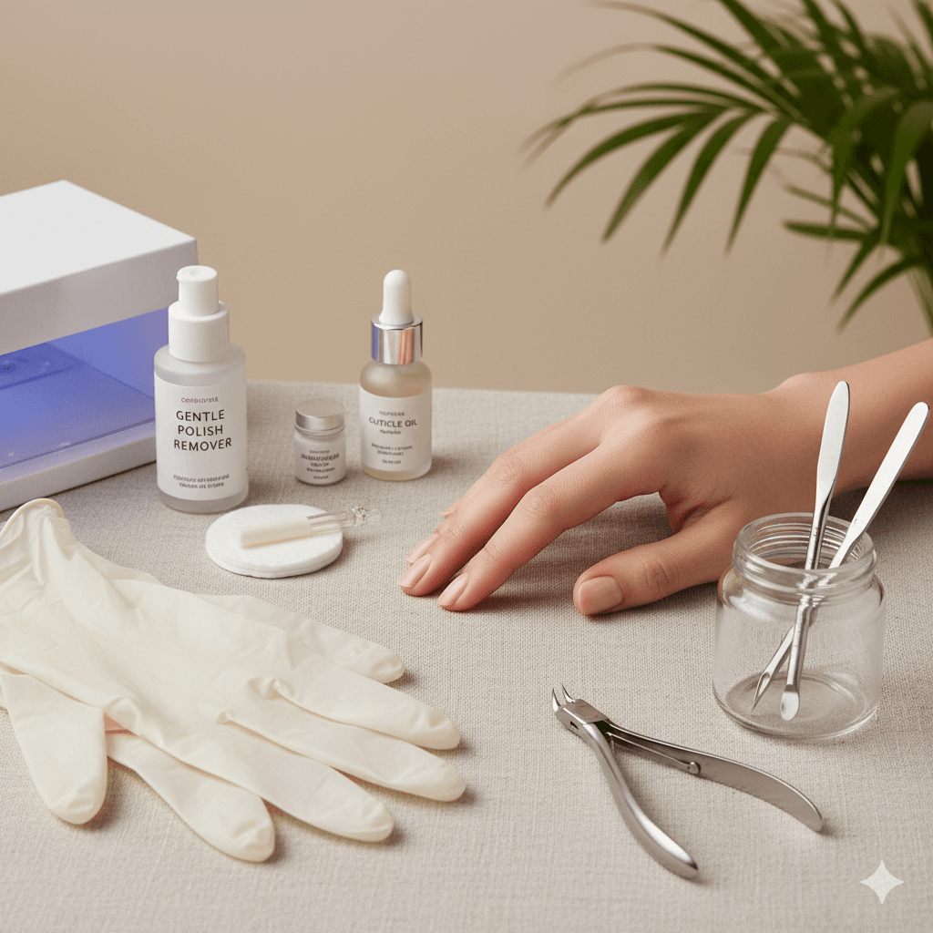 “Natural nails with nail care safety items including gloves, gentle removers, cuticle oil, and sanitized manicure tools.”