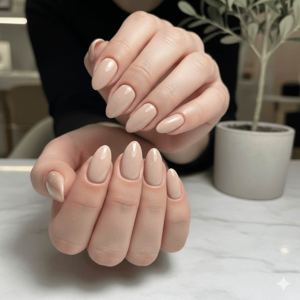 “Finished salon manicure showing glossy, perfectly shaped nails styled by a professional nail technician.”