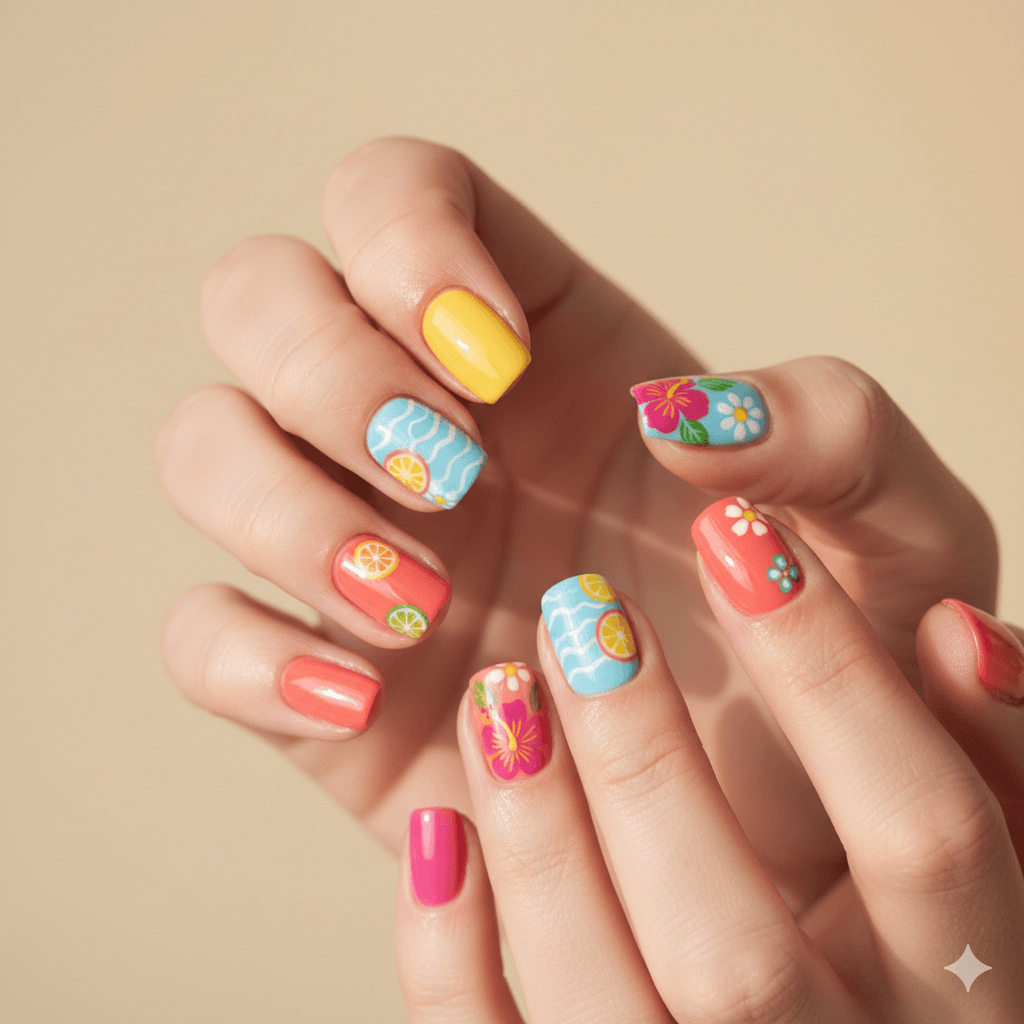 “Summer short nail designs with bright colors and cheerful accents on well-groomed nails in natural lighting.”
