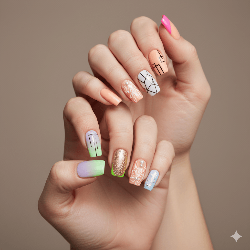 “Hands displaying trending 2025 nail designs including pastel ombré, neon tips, minimalist art, glitter accents, and 3D embellishments.”