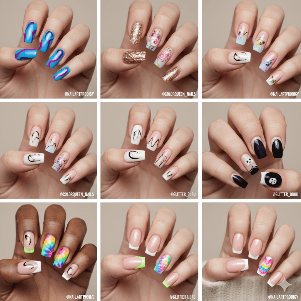 “Collage of top nail influencers showcasing signature manicures, bold colors, intricate nail art, and seasonal trends.”