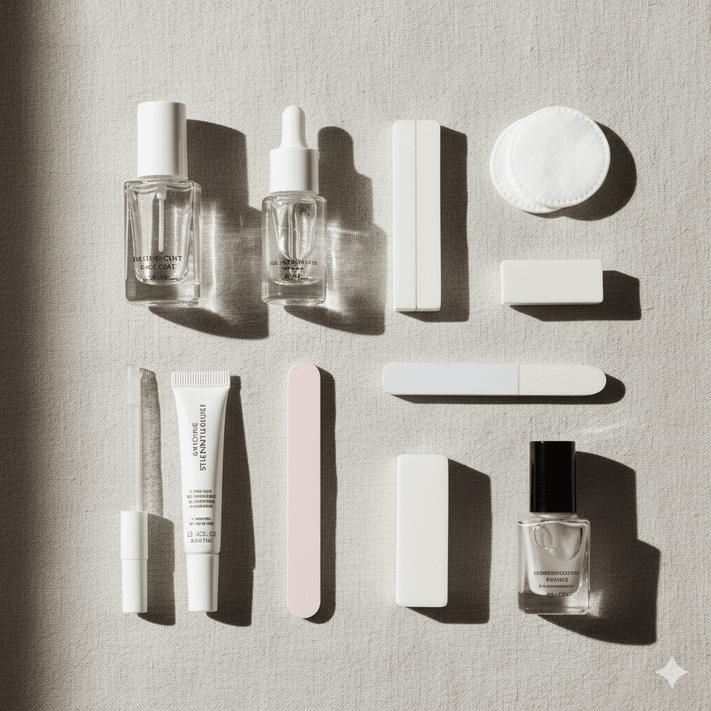 “Flat lay of essential nail products including base coat, cuticle oil, nail strengthening serum, and topcoat polish for healthy and beautiful nails.”
