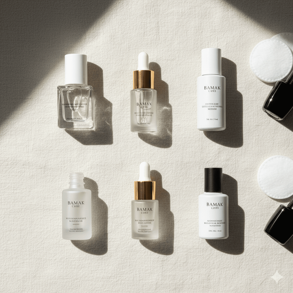 “Flat lay of best nail care products like base coat, cuticle oil, and gentle polish remover to prevent yellow nails.”