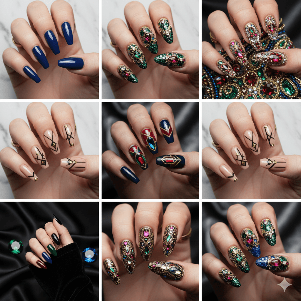 “Luxury embellished nail art inspired by Rihanna featuring crystals and high-fashion manicure details.”