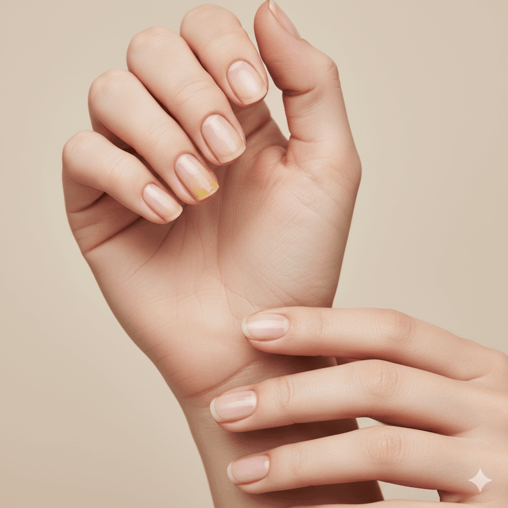 “Hands displaying common nail issues including yellowing, brittleness, peeling, and ridges.”
