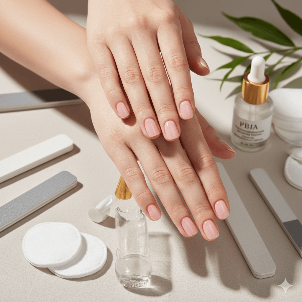“Hands with perfectly manicured healthy nails surrounded by nail care products, representing the ultimate nail care guide.”
