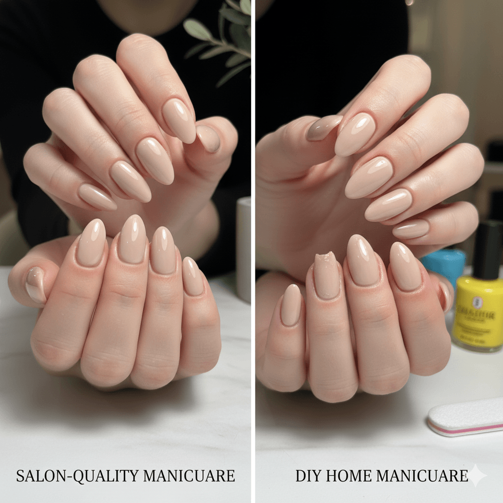 “Client enjoying a stress-free professional manicure in a nail salon, highlighting time-saving beauty services.”