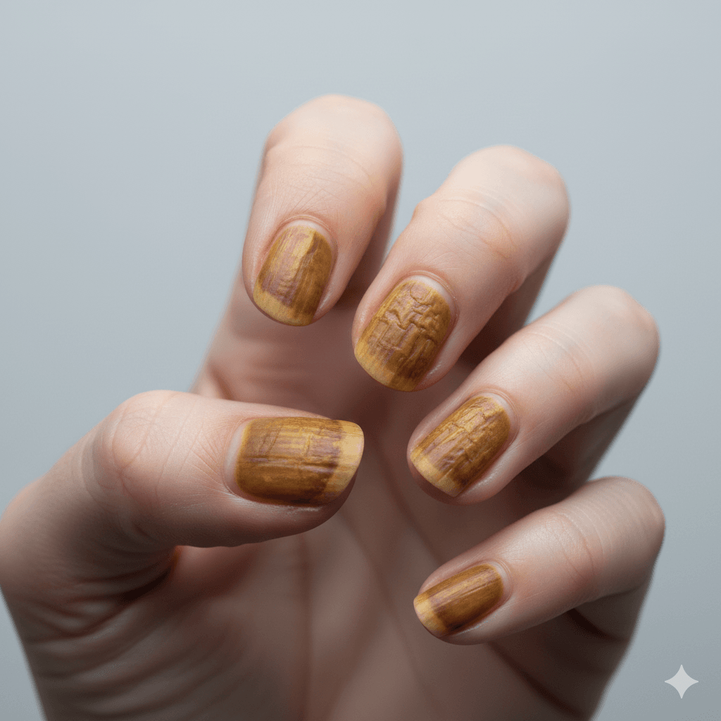 “Yellow nails with thickening and discoloration showing warning signs that may require medical attention.”