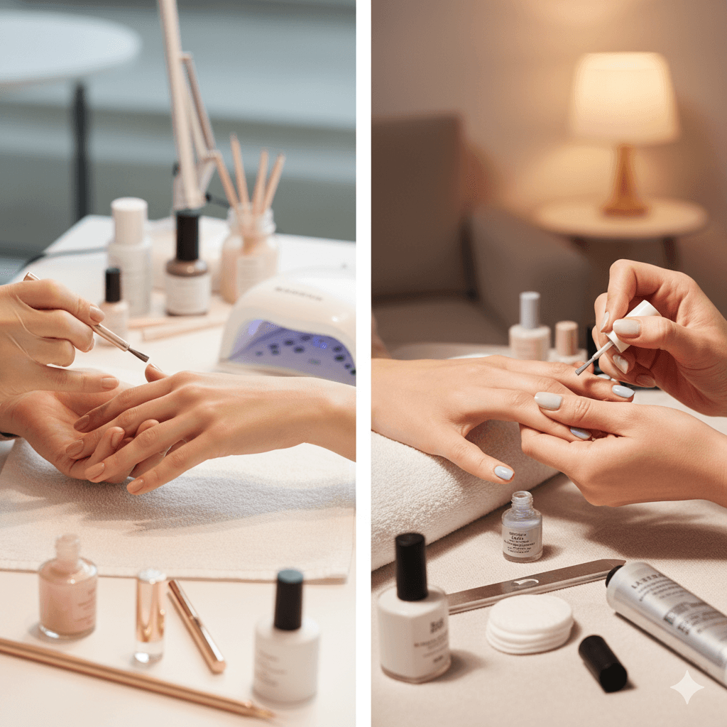 “Comparison of a professional salon manicure and a DIY manicure at home, highlighting options for nail care.”