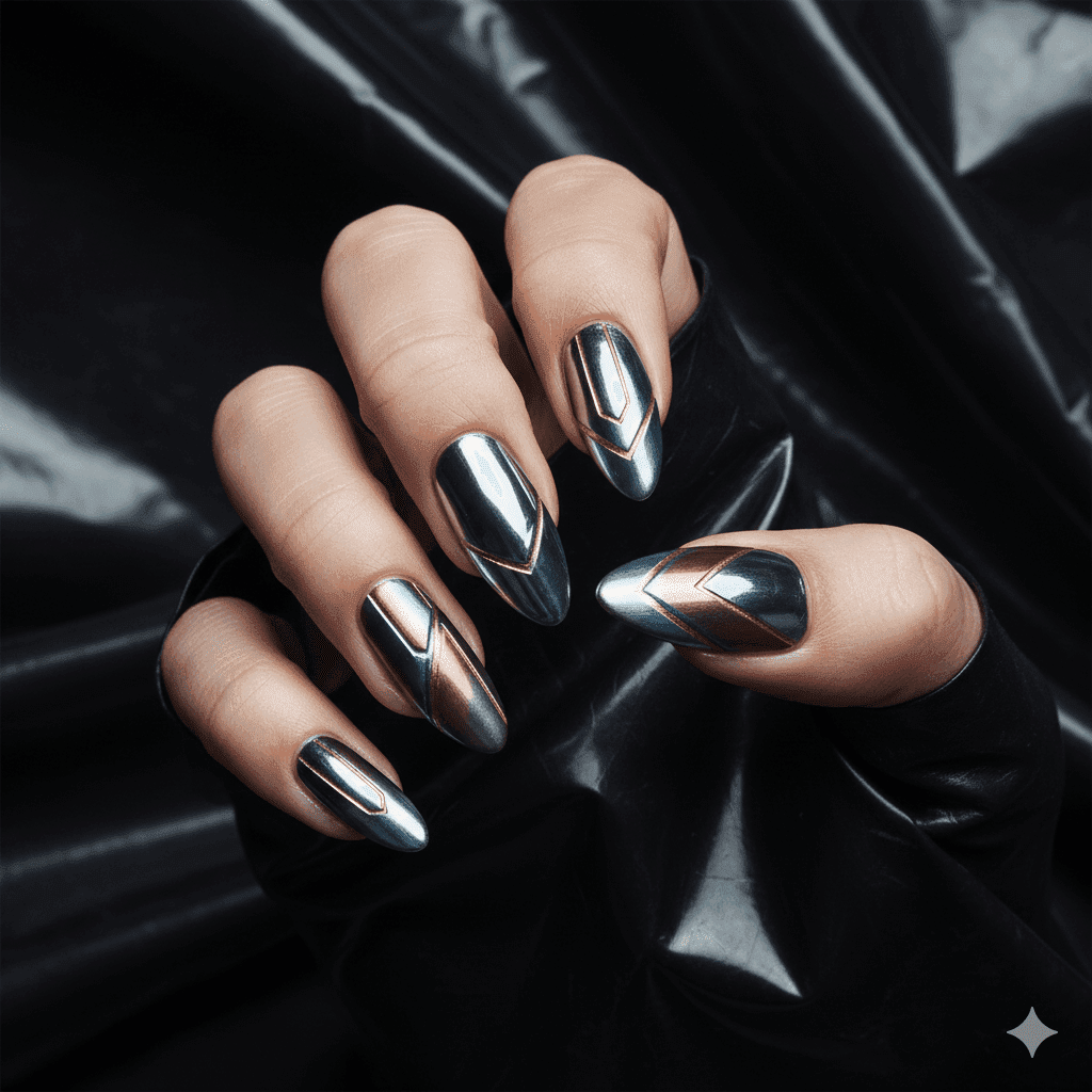 “Chrome and metallic nail art inspired by Rihanna’s futuristic celebrity manicure trends.”