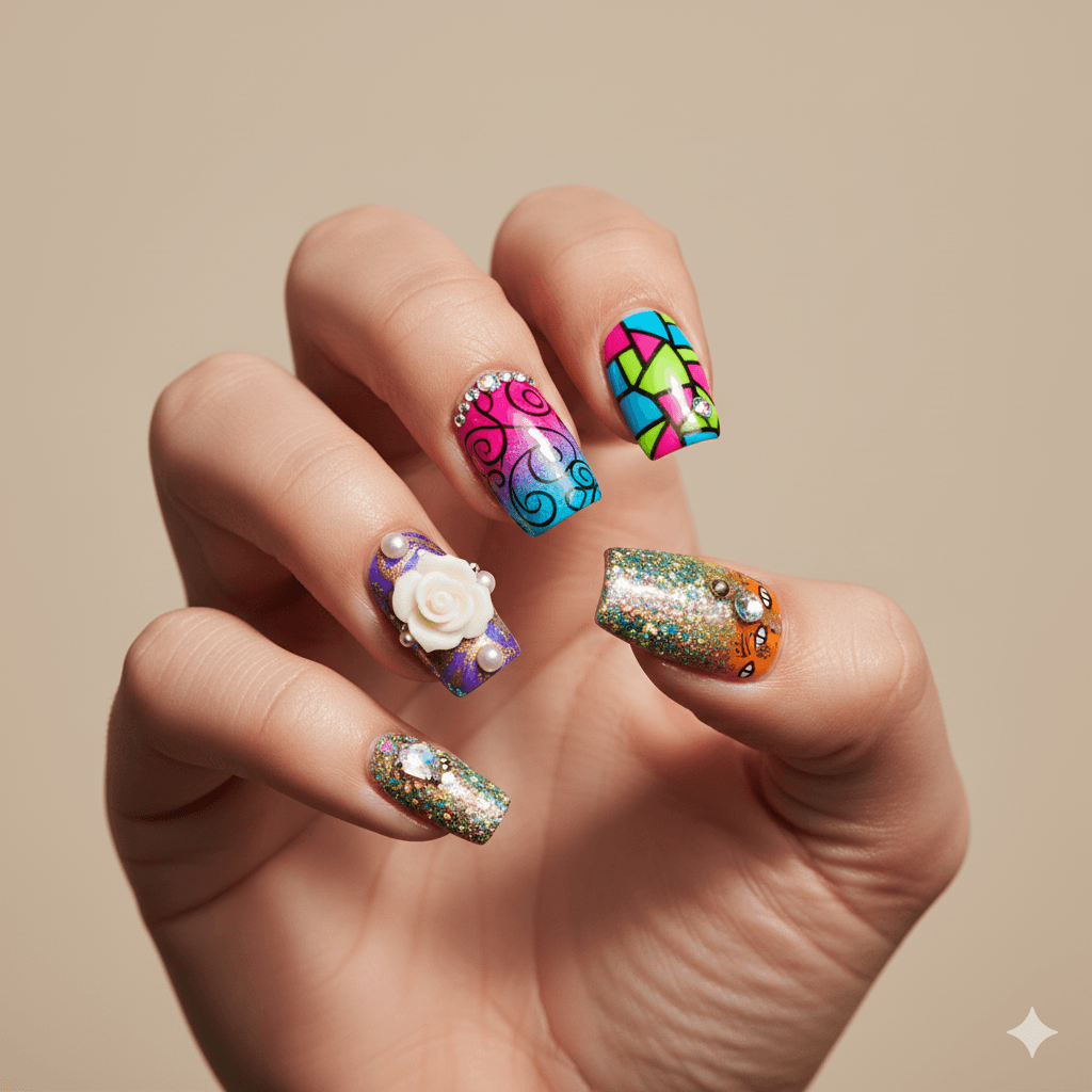 “Hand displaying bold and intricate nail art with vibrant colors, glitter accents, and 3D embellishments that turn heads.”