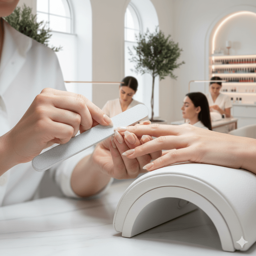 “Cuticle oil applied to fingernails to moisturize cuticles and promote nail health.”