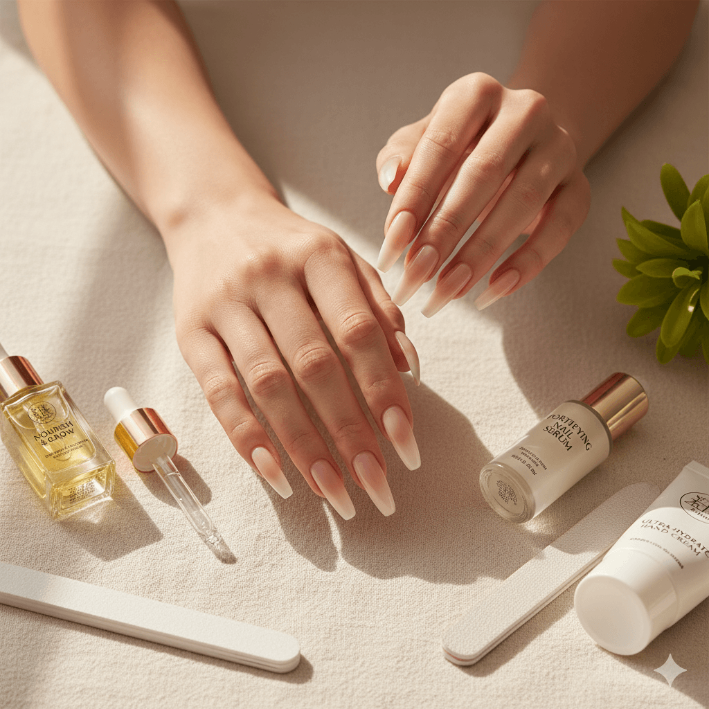 “Hands with naturally long and healthy nails surrounded by nail care essentials like cuticle oil and strengthening serum for natural growth.”