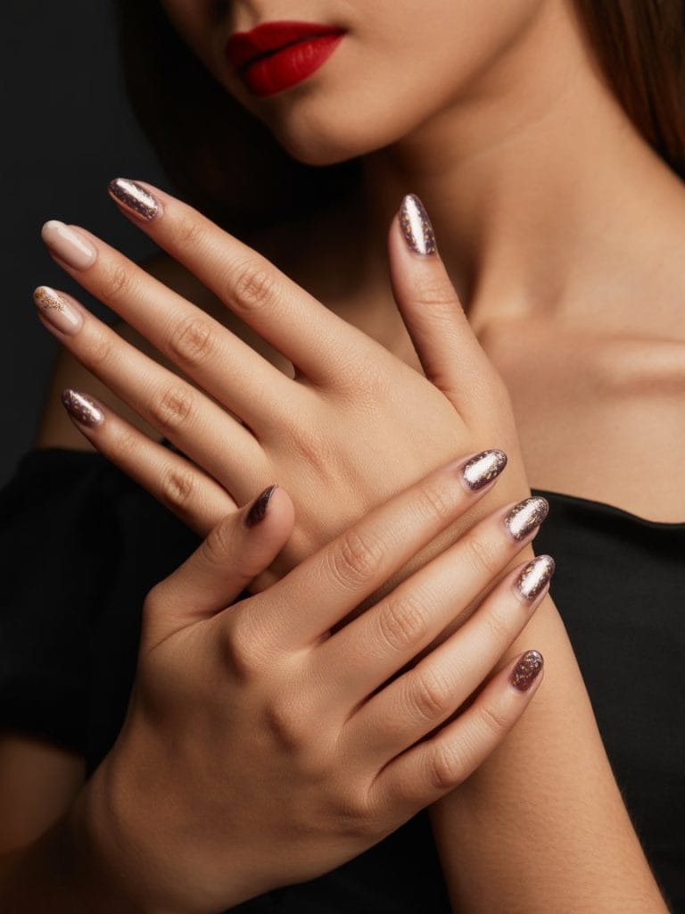 “Celebrity-inspired chrome and glazed nail designs with reflective shine and modern glamour.”