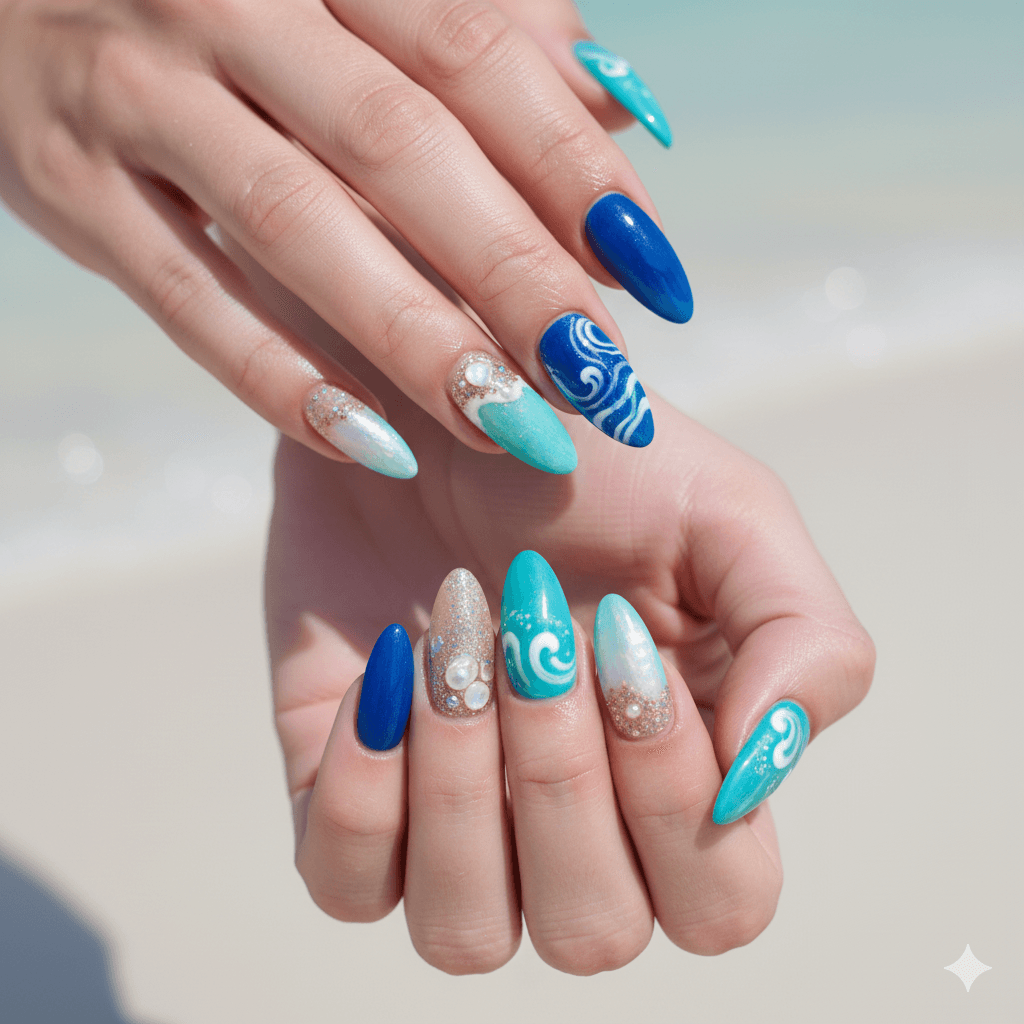 “Close-up of summer acrylic nail designs with sun, citrus and seashell accents in bright beachy colors, trendy seasonal manicure inspiration.”