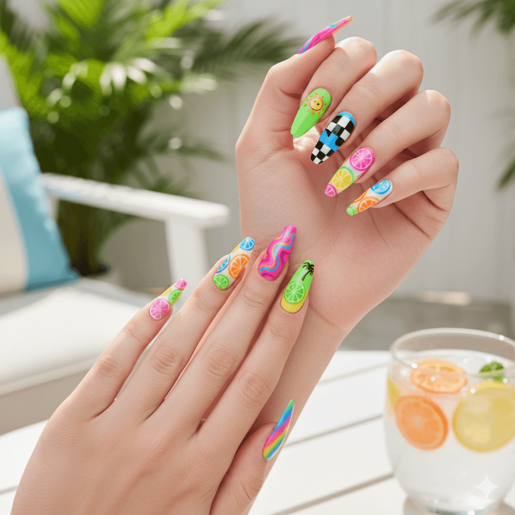 “Close-up of summer acrylic nail designs with sun, citrus and seashell accents in bright beachy colors, trendy seasonal manicure inspiration.”