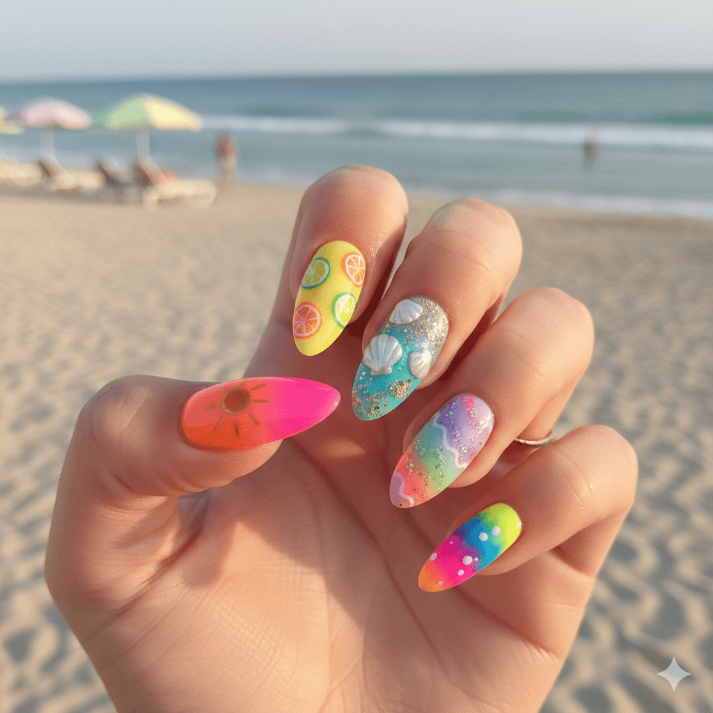 “Close-up of summer acrylic nail designs with sun, citrus and seashell accents in bright beachy colors, trendy seasonal manicure inspiration.”