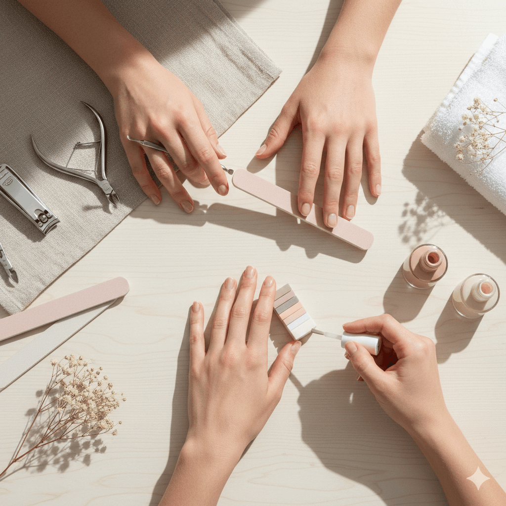 “Person using essential manicure tools including file, buffer, and cuticle pusher in a clean modern setup, showing perfect nail care in 2025.”