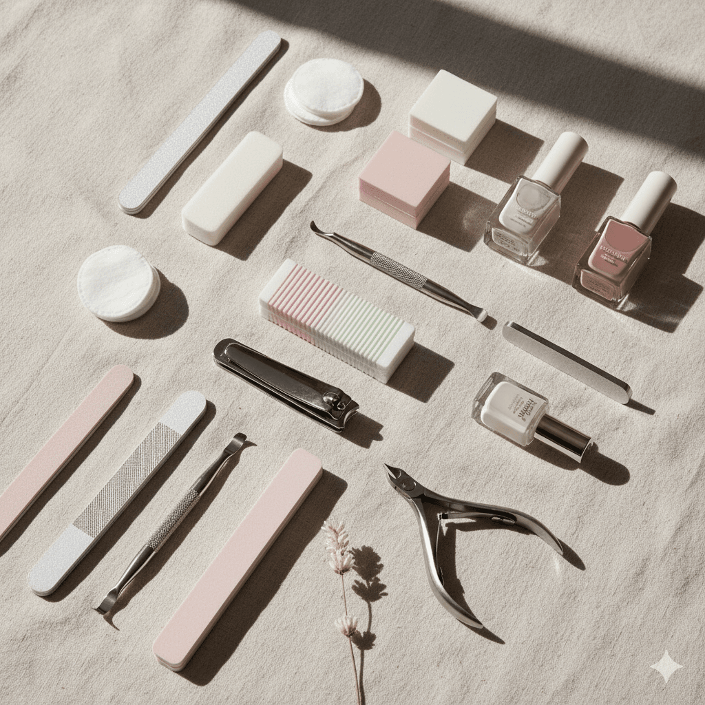 “Person using essential manicure tools including file, buffer, and cuticle pusher in a clean modern setup, showing perfect nail care in 2025.”