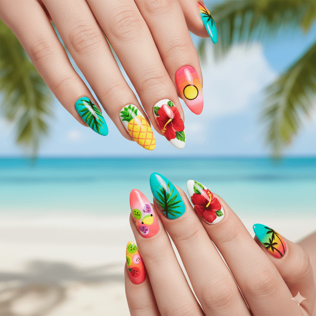 “Close-up of summer acrylic nail designs with sun, citrus and seashell accents in bright beachy colors, trendy seasonal manicure inspiration.”