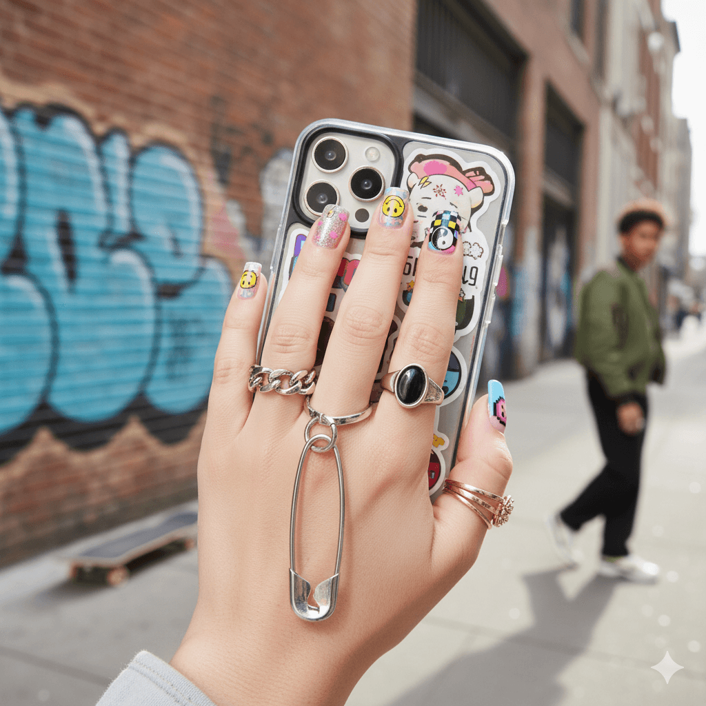 “Close-up of bold short duck nail designs with vibrant colors and unique accent art on a neutral background.”