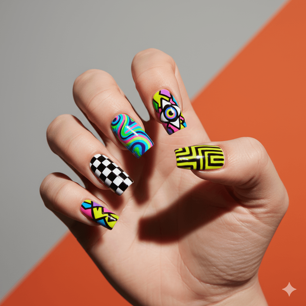 “Close-up of bold short duck nail designs with vibrant colors and unique accent art on a neutral background.”