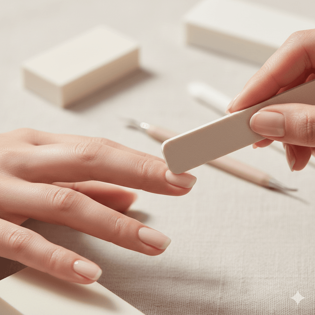 “Person using essential manicure tools including file, buffer, and cuticle pusher in a clean modern setup, showing perfect nail care in 2025.”