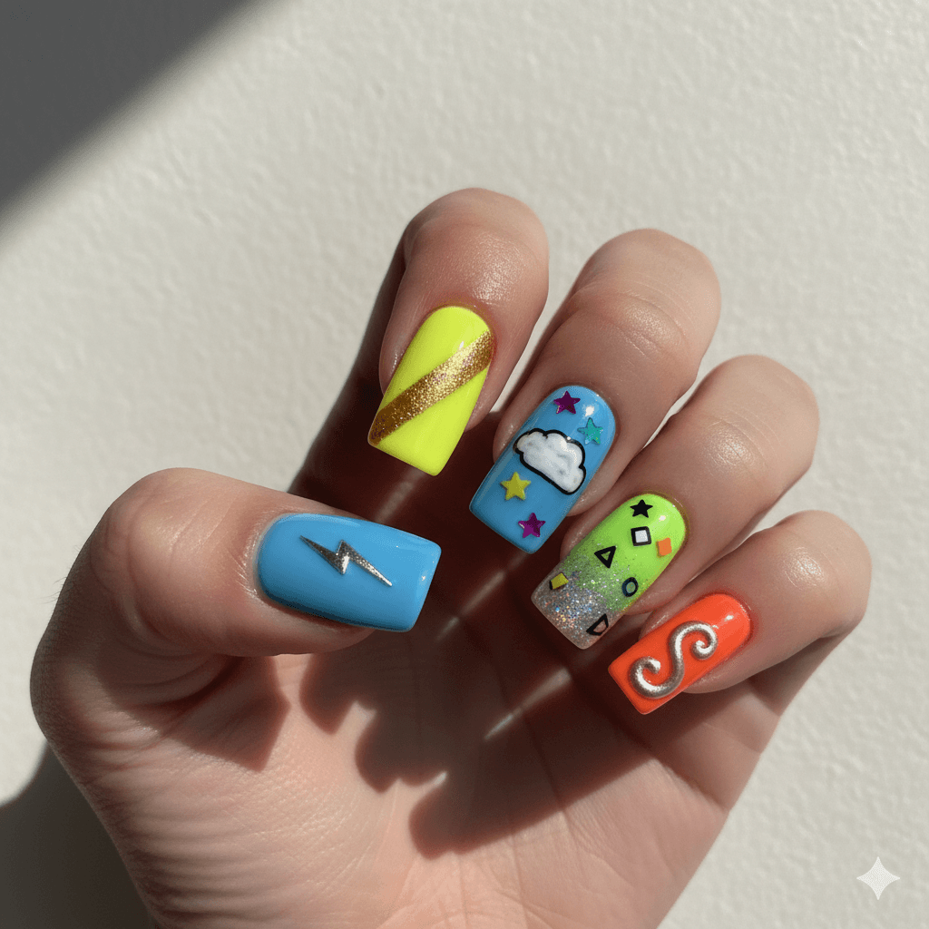 “Close-up of bold short duck nail designs with vibrant colors and unique accent art on a neutral background.”