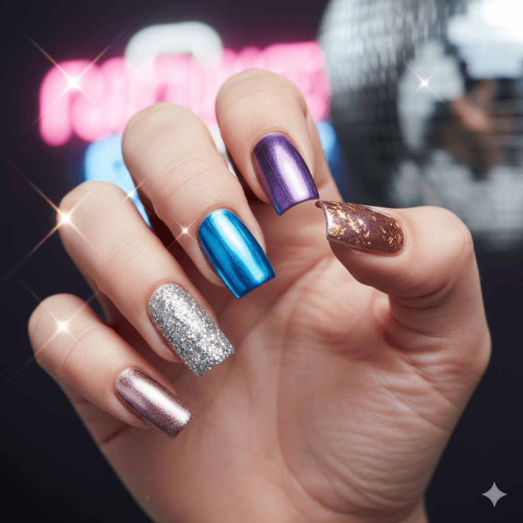 “Close-up of bold short duck nail designs with vibrant colors and unique accent art on a neutral background.”