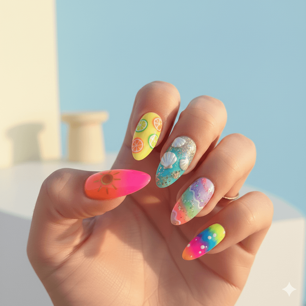 “Close-up of summer acrylic nail designs with sun, citrus and seashell accents in bright beachy colors, trendy seasonal manicure inspiration.”