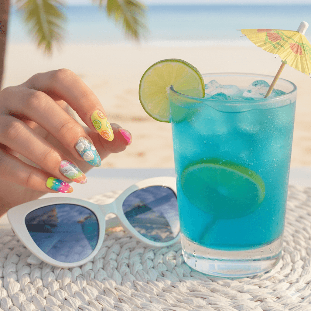 “Close-up of summer acrylic nail designs with sun, citrus and seashell accents in bright beachy colors, trendy seasonal manicure inspiration.”