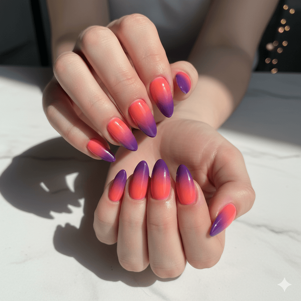 “Close-up of summer acrylic nail designs with sun, citrus and seashell accents in bright beachy colors, trendy seasonal manicure inspiration.”
