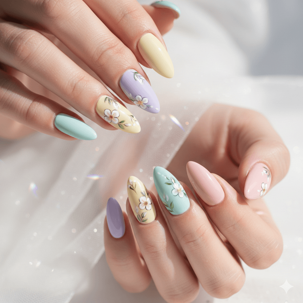 “Close-up of summer acrylic nail designs with sun, citrus and seashell accents in bright beachy colors, trendy seasonal manicure inspiration.”