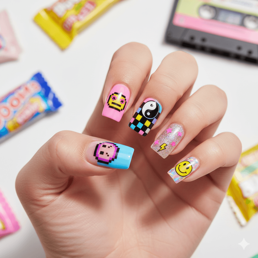 “Close-up of bold short duck nail designs with vibrant colors and unique accent art on a neutral background.”