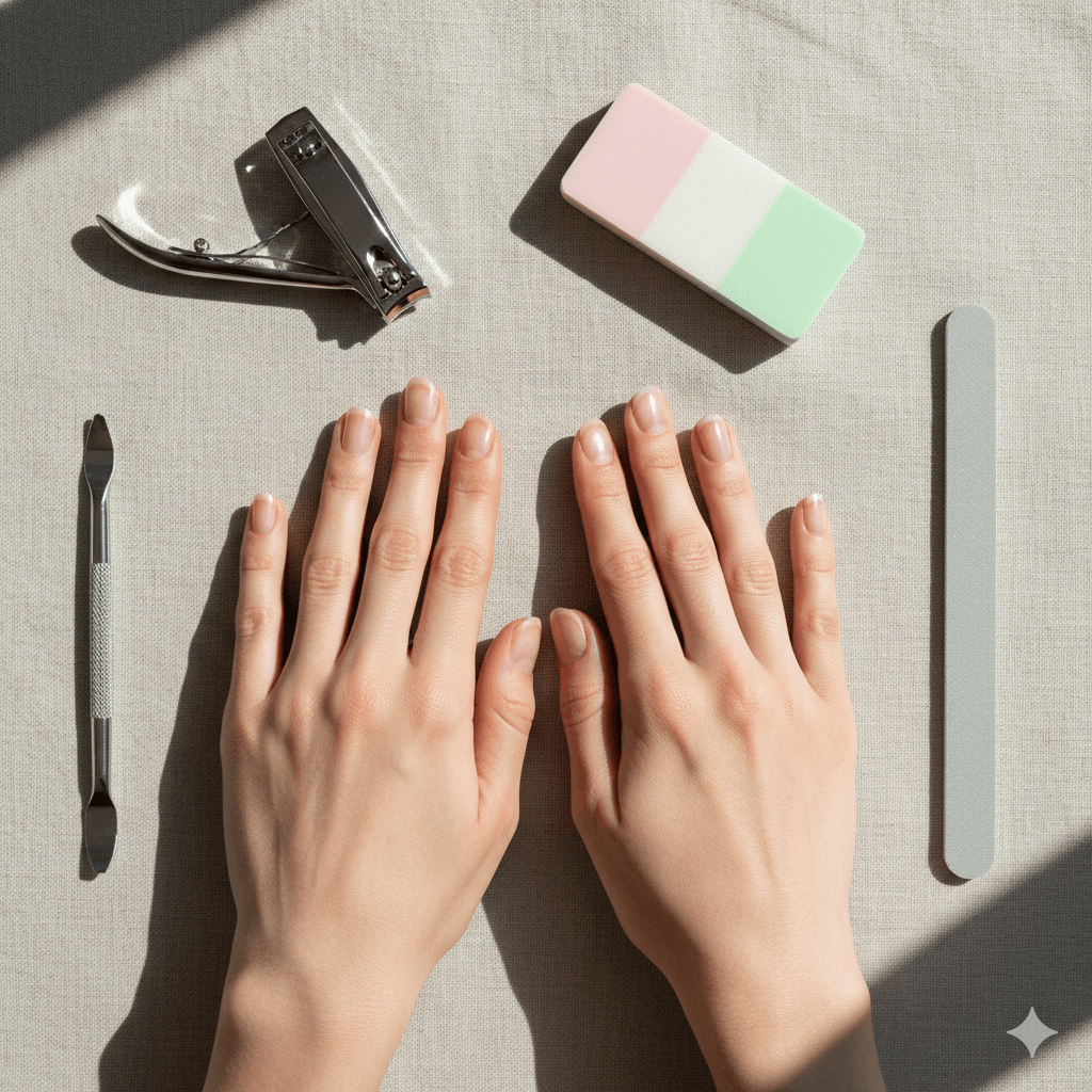 “Person using essential manicure tools including file, buffer, and cuticle pusher in a clean modern setup, showing perfect nail care in 2025.”