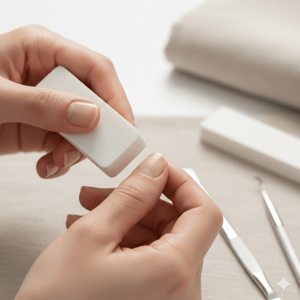 “Person using essential manicure tools including file, buffer, and cuticle pusher in a clean modern setup, showing perfect nail care in 2025.”
