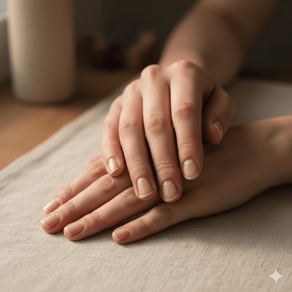 “Healthy, strong fingernails with a natural glossy finish, smooth cuticles, and even nail texture, shown in a clean, bright beauty editorial style.”