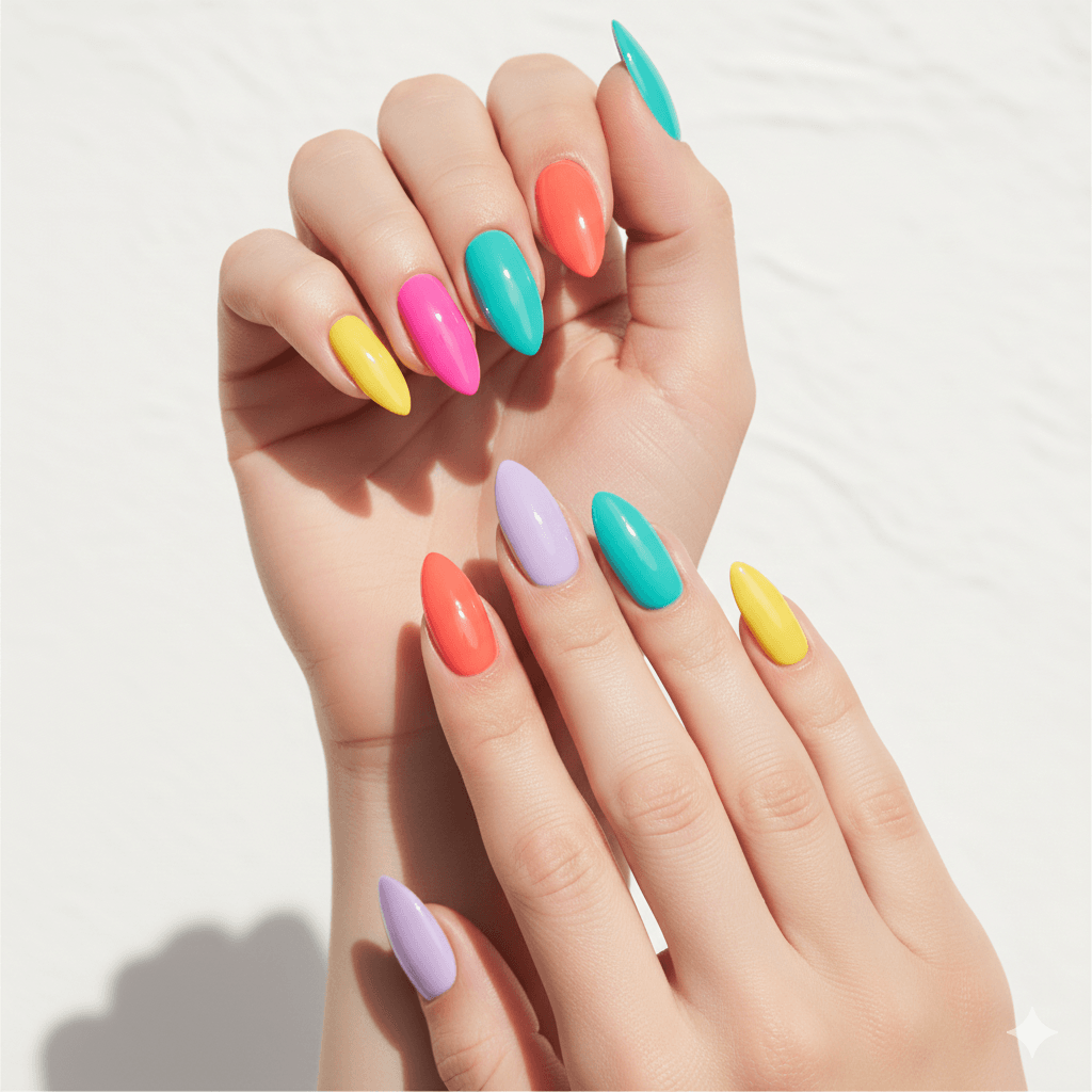 “Close-up of summer acrylic nail designs with sun, citrus and seashell accents in bright beachy colors, trendy seasonal manicure inspiration.”