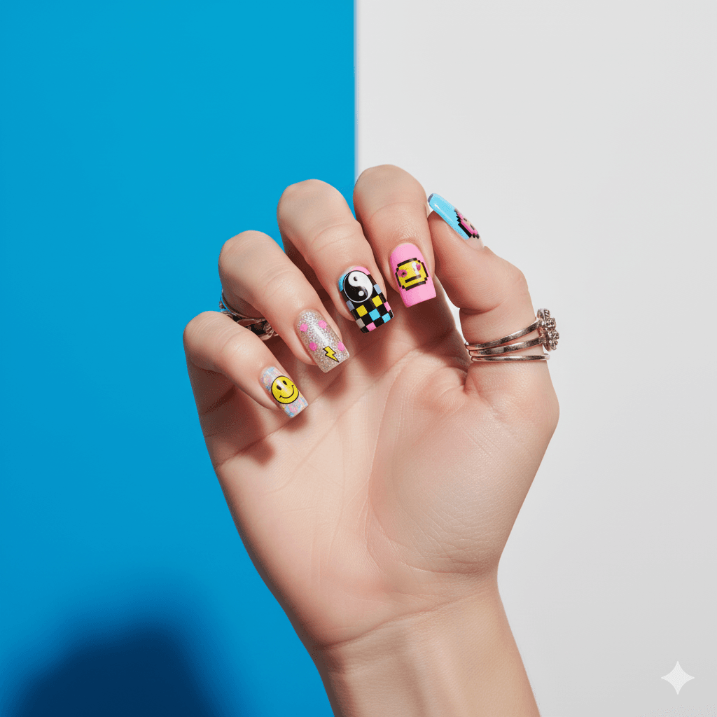 “Close-up of bold short duck nail designs with vibrant colors and unique accent art on a neutral background.”