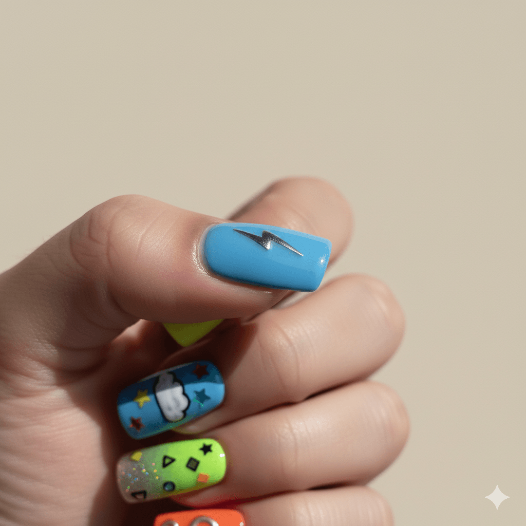 “Close-up of bold short duck nail designs with vibrant colors and unique accent art on a neutral background.”